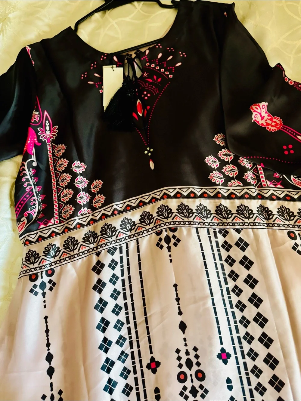 Charmeuse Black & Cream Maxi Dress with Pink Accents.